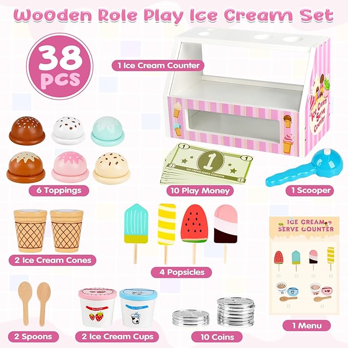 Dreamon Ice Cream Counter Playset for Kids, 38 PCS Wooden Ice Cream Set Shop for Toddlers 3-5, Toddler Pretend Play Toy, Christmas Birthday Gift for Boys and Girls