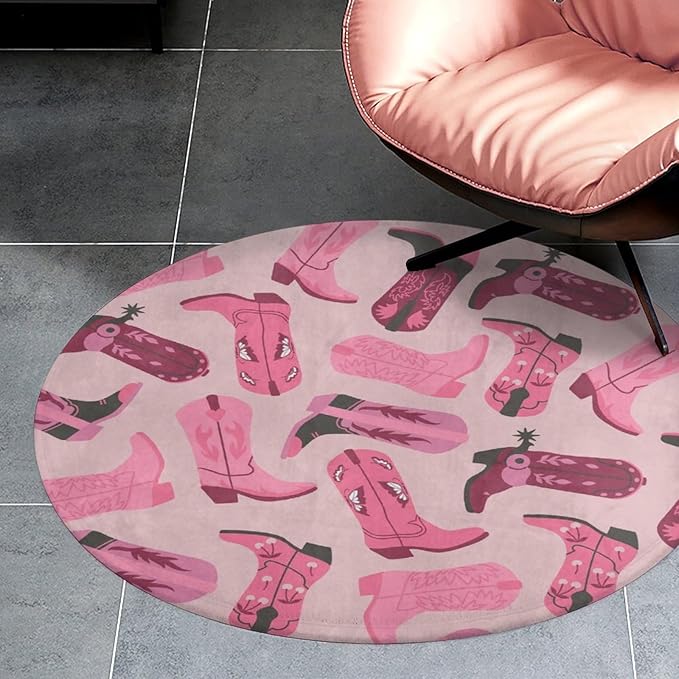 Round Area Rugs 3Ft Cowboy Cowgirl Boots Play Room Mat Non-Slip Trendy Pink Colors Floor Mats Soft Absorbent Carpet Decor for Living Room Bedroom Kitchen