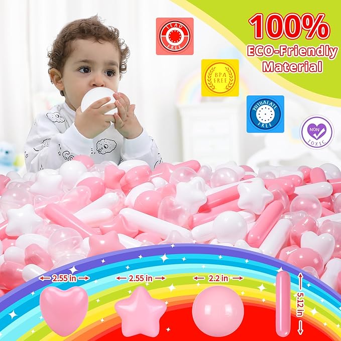 STARBOLO Ball Pit Balls for Kids -150pcs Stars Hearts Strips Crush Proof Play Balls Plastic Macaron Toy Balls for Ball Pit, Baby Pool Water Toys, Play Tent, Birthday Party Decoration