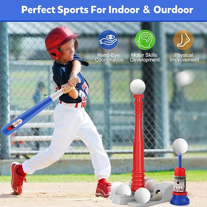 T Ball Set, Tee Ball Set for Kids 3-5 with 6 Large Baseballs & Automatic Pitching Machine & Adjustable Batting Bat, Outdoor Games Sports Toy Gift for Toddlers Boys Girls Ages 5-8 8-12