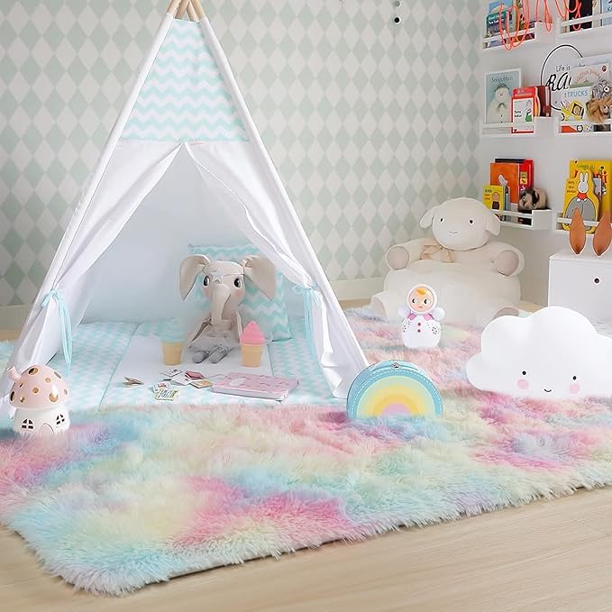 Pink Rainbow Fluffy Kids Rugs for Girls Bedroom, Unicorn Room Decor, Colorful Pastel Shag Area Rugs for Nursery Playroom Classroom, Cute Fuzzy Kawaii Carpet for Baby Toddler Teen, 4x6 Rug Washable