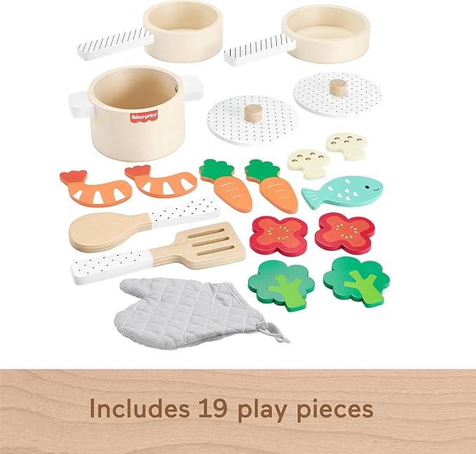 Fisher-Price Wood Kitchen Pretend Play Toy Pots & Pans Set, 19-Piece Playset Wooden, Metal & Fabric for Preschool Kids Ages 3+ Years