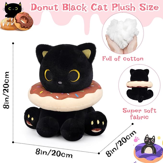 Black Cat Plush, 8inch Donut Black Cat Stuffed Animal Cute Plushies Toys for Girls Kids Boys, Kawaii Kitten Plushie for Kids Adult Birthday Gift