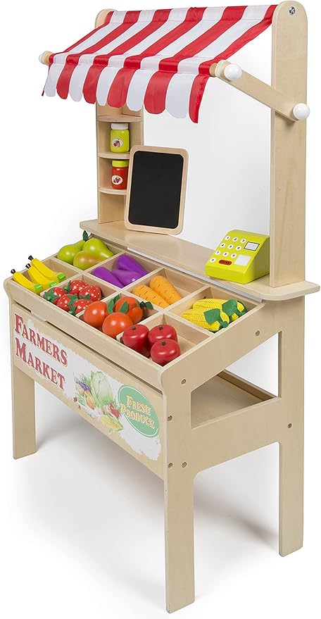 Wooden Farmers Market Stand Toy- 30+ Food PCs Include Fruit Veggies Chalkboard & Cash Register- Pretend Role Play, Fun Indoor Natural Wood Grocery Set- Playroom Daycare Activity Center- Kids Gift