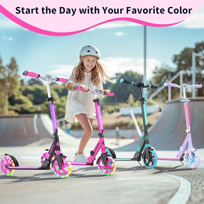 BELEEV V8 Scooters for Kids Ages 6+ with Light-Up Deck, 2 Wheel Folding Scooter for Adults Teens, 4 Adjustable Height, Lightweight Sport Commuter Scooter, Sturdy Frame, Max Load 220 lbs