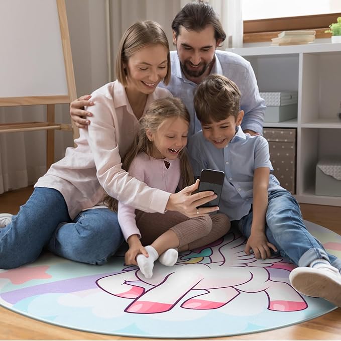 Round Rug for Kids Room Unicorn Circle Rugs for Bedroom Kids Rugs for Playroom Girls Cute Cartoon Carpet Living Room Dining Room Decor 40x40 inch