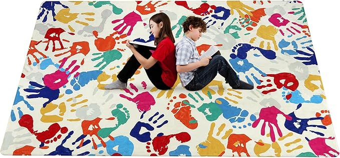 STARUIA Large Kids Rug for Playroom, 8'x10' Handprints and Footprints Colorful Rug for Classroom, Non-Slip Washable Rug for Nursery, Soft Throw Carpet Indoor Playmat for Kids Room Dorm Bedroom