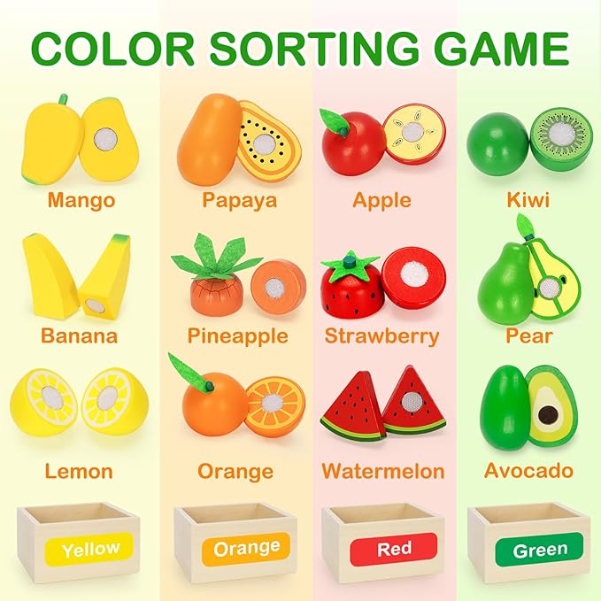 Wooden Play Food Toy Set for Kids Kitchen - 30 Pcs Montessori Cutting & Color Sorting Fake Fruit Accessories with 4 Boxes, Play Toys for Toddlers 3, Birthday Gifts for Boys Girls