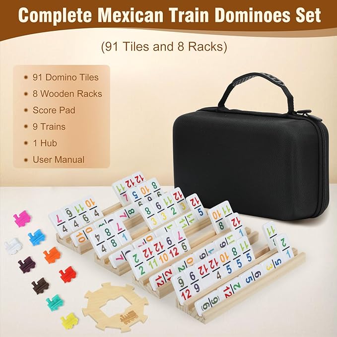 4 Player Games, Mexican Train Dominoes Set with Numbers, 4 Wooden Racks, 91 Tiles, Portable Case, D12 Dominos Set for Adults, Board Game for Adults, Easter Basket Stuffers, Easter Gifts for Men Women