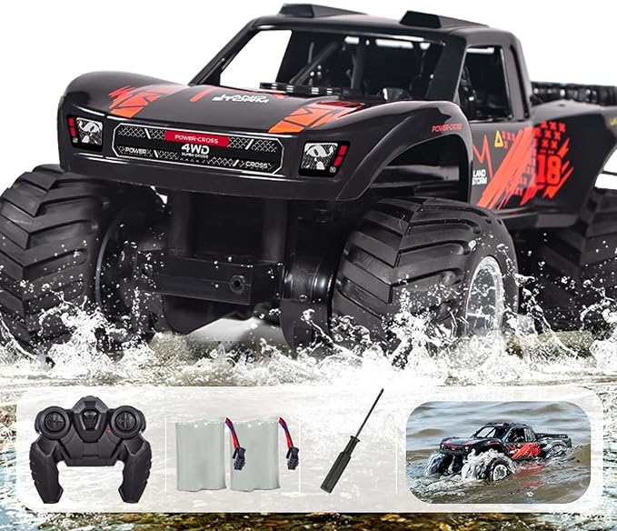 Waterproof Monster Trucks for Boys, 2.4G Amphibious Rc Car, 1:16 Scale All-Terrain Rc Boat for Boys & Adults, 4WD, 2 Rechargeable Batteries, Perfect 4-12 Year Old Boy Toys Gifts-Orange