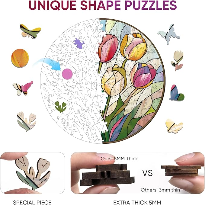 Puzzles for Adults, Tulip Wooden Puzzles 200 Pieces, 5MM Thick Unique Shaped Flower Plant Jigsaw Puzzles Birthday Gifts for Kids Family Game 11.2 * 11.2inch
