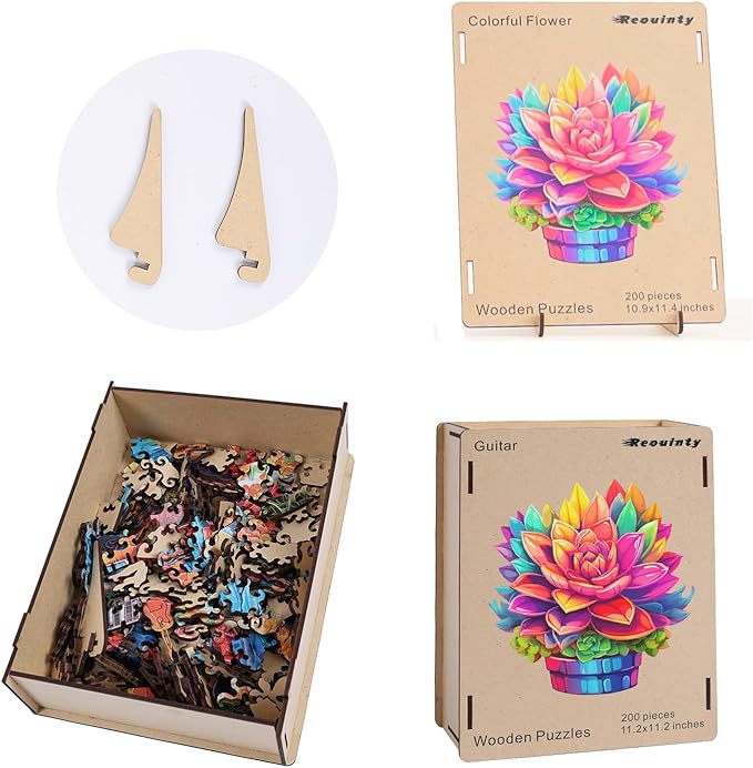 Valentine's Day Wooden Puzzle Colorful Flower Pot 200pcs Medium Size 11.2'' x 11.2'', Luxurious Shaped Wood Puzzle, Beautiful Package, Best Gift for Adults and Kids, Family Game