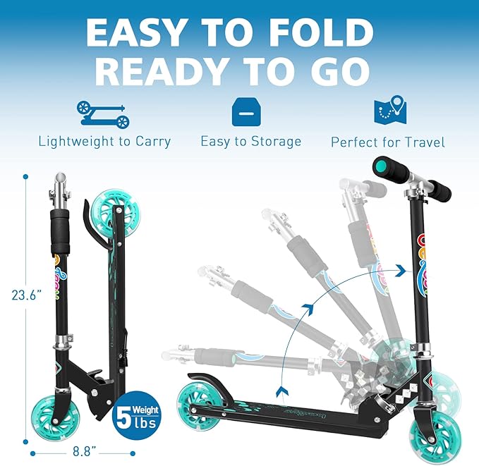 BELEEV V1 Scooters for Kids, 2 Wheel Folding Kick Scooter for Girls Boys, 3 Adjustable Height, Light Up Wheels, Lightweight Scooter with Sturdy Frame, Kickstand for Children 3 to 12 Years Old
