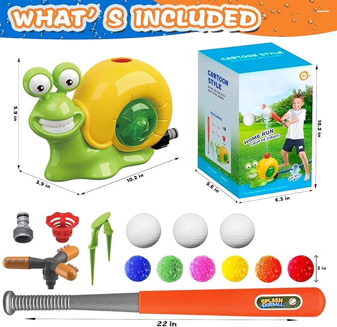 3-in-1 Water Sprinkler Baseball Toy, 360° Rotating Water Baseball Tee & T Ball Sprinkler with Water Balls, Summer Outdoor Water Toys for Kids Backyard Games Lawn Pool, Snail, Ages 3+