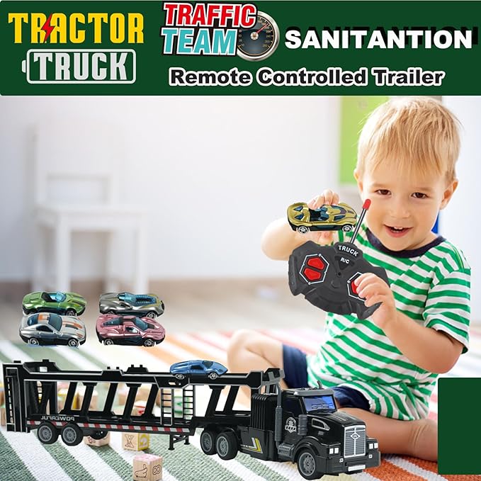 Remote Control Car Transporter Truck Includes 6 Cars, 14" 1:48 Car Transporter Semi Truck Toy, Equipped with 2 Rechargeable Batteries, Gifts Ideas for Boys Age 3-8 Year Old