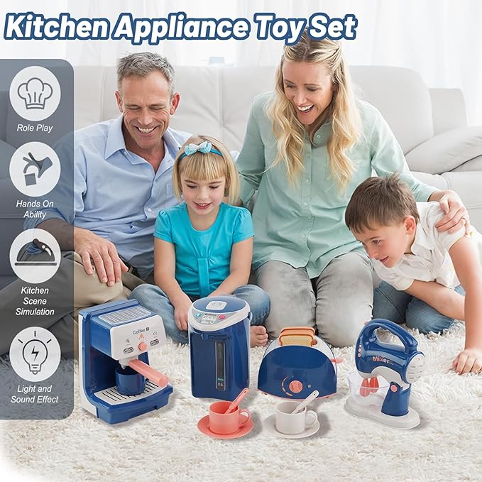 Kitchen Appliances Toy Play Kitchen Accessories for Kids Pretend Play Set Cooking Toys with Coffee Maker, Water Dispenser, Mixer, Toaster, Utensils Kitchen Accessories Set for Girls Birthday Gift 3+