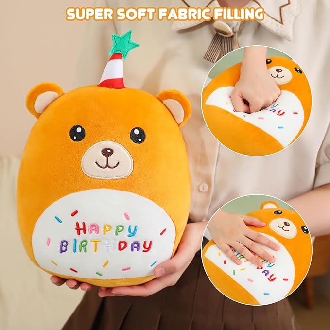 SQEQE Bear Plushie Birthday Bear Stuffed Animal Creative Plush Pillow Birthday Party Home Room Decoration Doll Gift for Kids 10 Inch