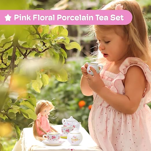 Jewelkeeper Porcelain Tea Set for Little Girls with Pink Picnic Basket - 13 Pieces Mini Toddler Tea Sets for Girls 2-4 - Real Cups, Teapot, and Saucers - Children Playset - Floral Design