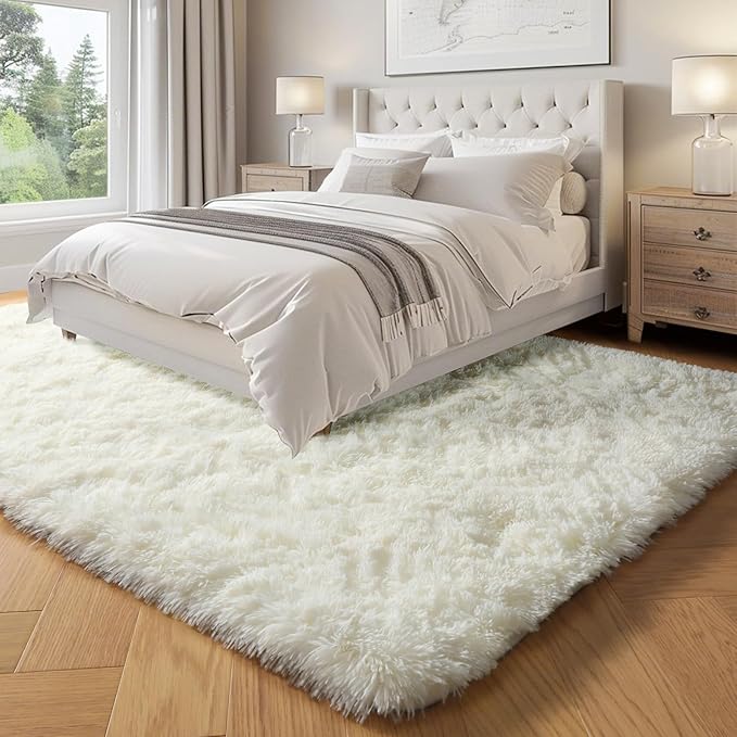 PAGISOFE White Fluffy Shag Machine Washable Area Rugs for Living Room 5x7 Ft,Cream White Soft Shaggy Rugs for Bedroom,Office Ivory Carpet Boys Girls Dorm Pastel Rug for Kids Room Home Decor Aesthetic