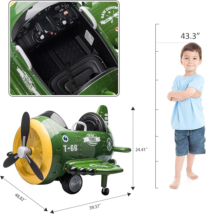 Electric Car for Kids Ride On Airplane Toy TOBBI Battery Powered 12V Kids' Electric Vehicle Rideable Airplane with Remote Control/Bombing Sound -Army Green