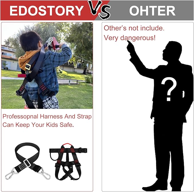 EDOSTORY 98 Feet Backyard Zip Line Kit for Kids and Adult Up Outdoor to 330lb with Stainless Steel Ziplines Spring Brake and Safety Harness, Christmas and Birthday Gifts for Kids(Red)