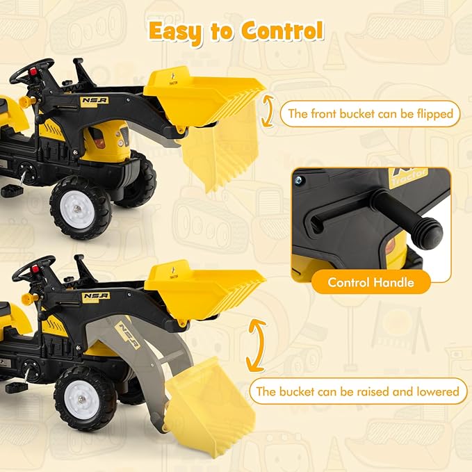 Olakids Kids Ride on Excavator, Pedal Digger Car Bulldozer with Manual Control Bucket, Detachable Cargo Trailer, Shovel, Rake, 6 Wheels, Horn, Construction Tractor for Toddlers 3+