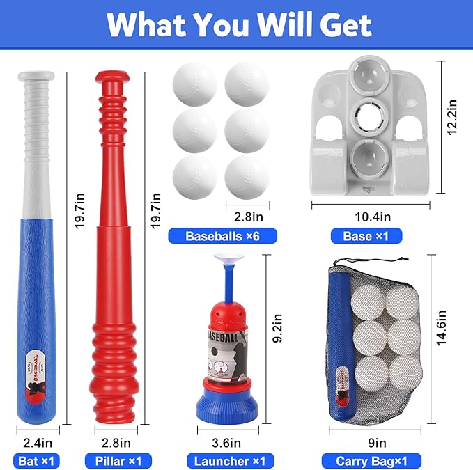 T Ball Set, Tee Ball Set for Kids 3-5 with 6 Large Baseballs & Automatic Pitching Machine & Adjustable Batting Bat, Outdoor Games Sports Toy Gift for Toddlers Boys Girls Ages 5-8 8-12