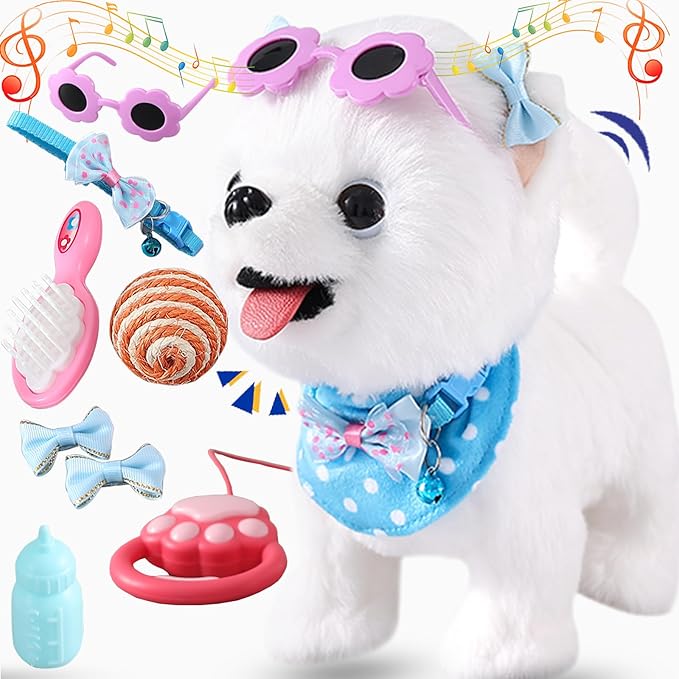 Samoyed Walking Dog Toy for Kid Girl Puppy Toy Licking Barking with Leash, Electric Talking Singing Tail Wag Plush Robot Doggy DIY Pretend Dress Up Interactive Dog