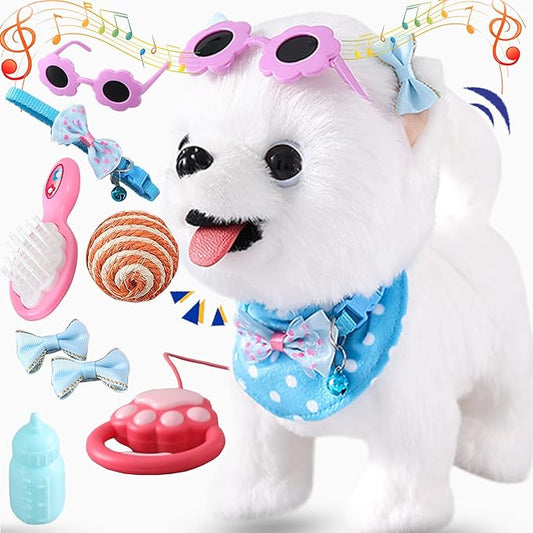 Samoyed Walking Dog Toy for Kid Girl Puppy Toy Licking Barking with Leash, Electric Talking Singing Tail Wag Plush Robot Doggy DIY Pretend Dress Up Interactive Dog