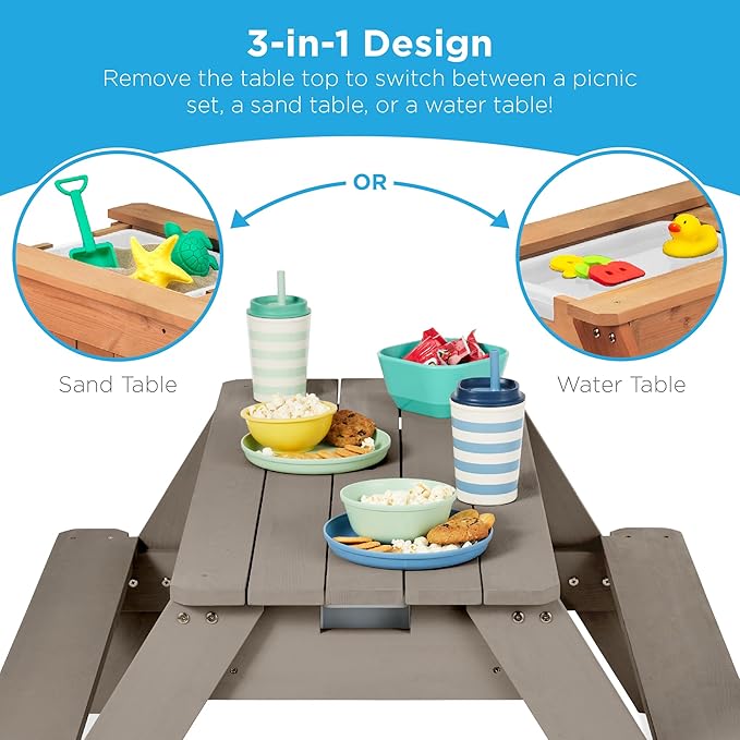 Best Choice Products Kids 3-in-1 Sand & Water Table, Wood Outdoor Convertible Picnic Table w/Umbrella, 2 Trays, Removable Top, 220lb Capacity Per Bench - Gray/Navy