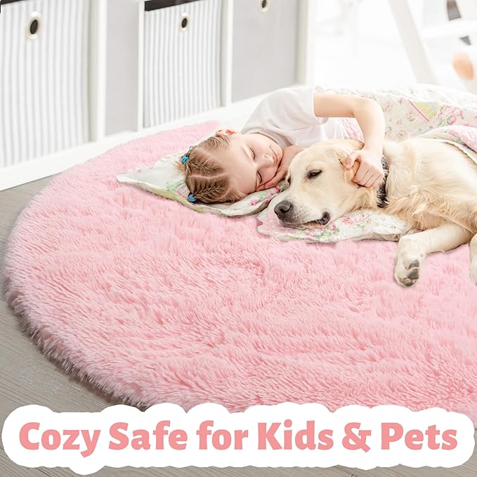 Amdrebio Light Pink Round Rug 4Ft for Girls Bedroom, Fluffy Circle Area Rugs for Kids Room Decor Aesthetic, Cute Shag Fuzzy Carpet for Nursery, Preppy Dorm, Classroom, Playroom, Teen, Baby, Washable