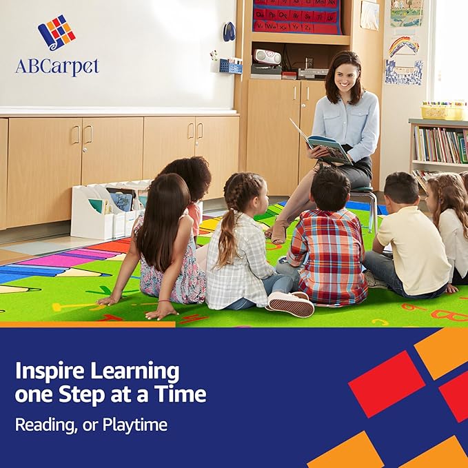 Classroom Rug for Kids Reading Area - Neutral Colorful Preschool Rug (6.5 x 8.5 ft)
