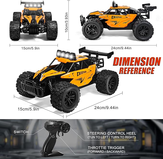 1:16 Scale Remote Control Car - 2.4GHz High Speed 20KM/H All Terrain RC Monster Truck Off Road with LED Headlights and Rechargeable Battery Xmas Gift for Adults Boys Age 8-12