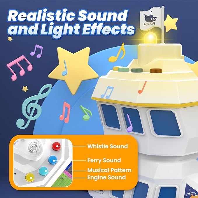 CUTE STONE 2-in-1 Toy Boat & Tower Crane Playset, Cargo Ship with Lights/Sounds | Push-Go Transport Ship & Construction Vehicle Toys, Interactive Carrier Boat for Kids Boys Girls