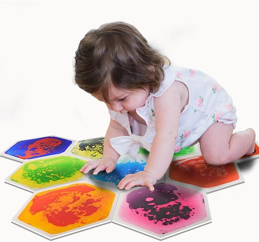 Art3d 9-Tile Hexagon Sensory Floor Tiles for Kids, Toddlers and Children, Colorful Liquid Sensory Activity Mat for Active Play and Decorative