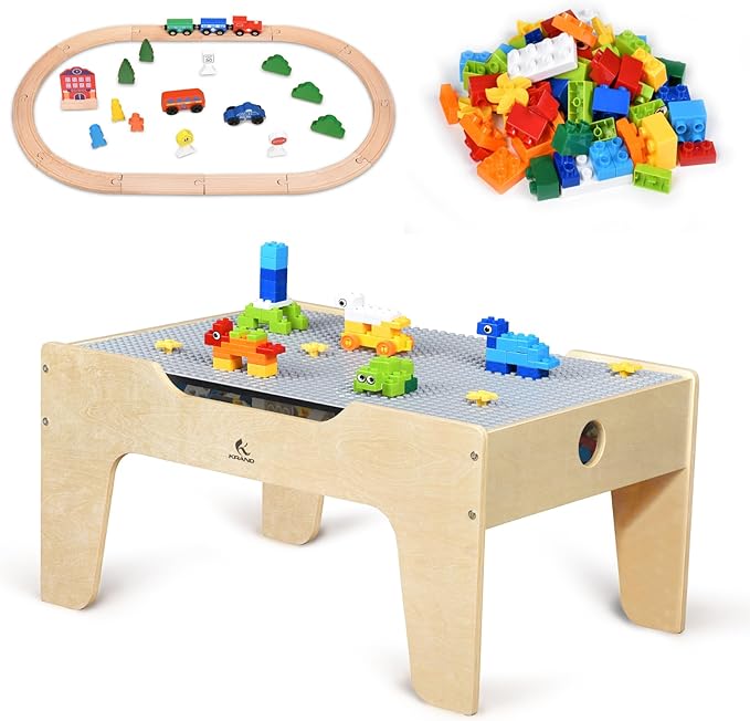Kid's Multi-Purpose Activity Play Table with 60 Big Building Bricks and 30-Piece Wooden Train Set for Toddlers(Big-peg Baseplate Version)