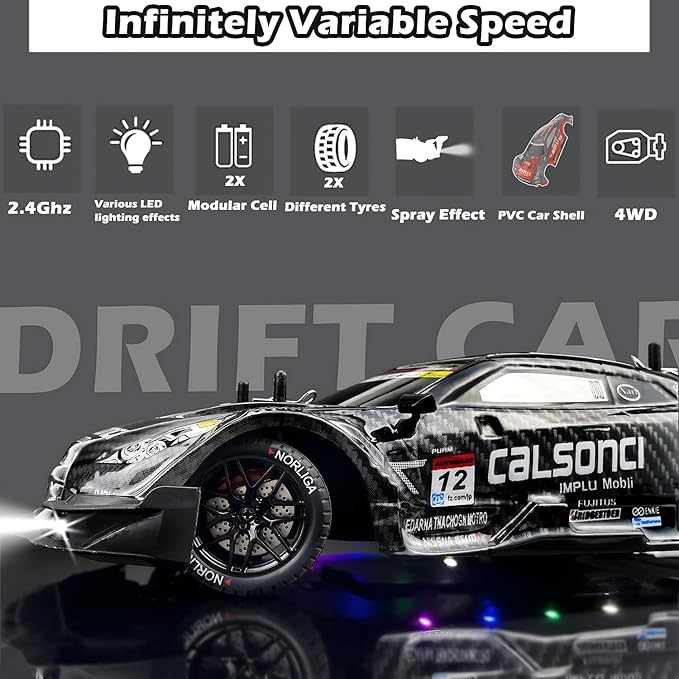 1:16 RC Drift Car 2.4GHz Spray 4WD LED Lights 30+KM/H High Speed Remote Control Car 2 Batteries 60Min Infinitely Variable Speed Drift Car Toys for Adults and Kids (Black 1:16)