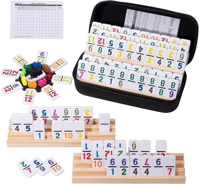 Mexican Train Dominoes Set with 4 Wooden Racks & Portable Case | Double 12 Dominoes Game (91 Numbered Tiles) | Family Board Games for Adults & Kids | Valentine's Day, for All Ages