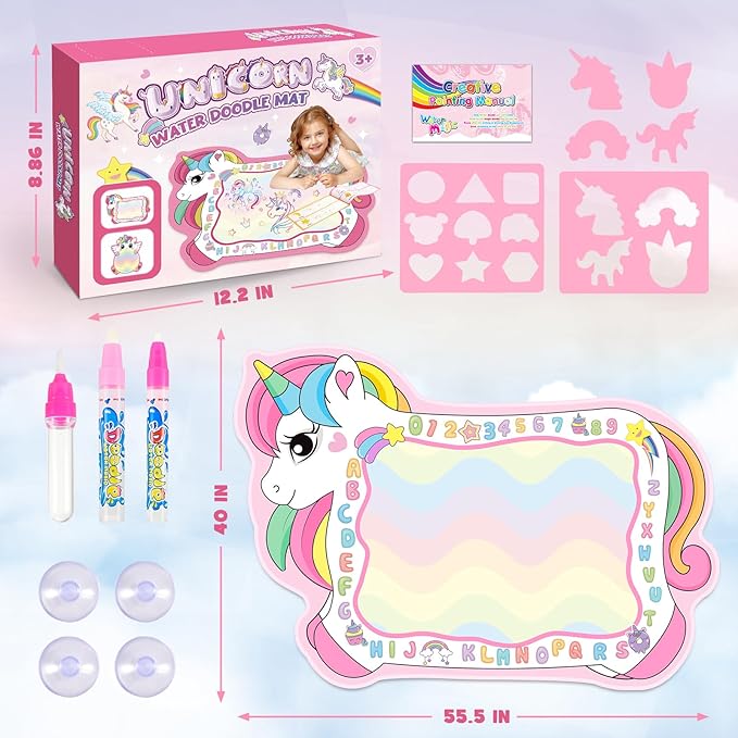 Unicorn Water Doodle Mat for Toddlers 2-5, 56 X 40 Inches Extra Large Water Painting Doodle Drawing Mat Preschool Educational Learning Toys Birthday Party Xmas Unicorns Gifts for Girls Age 2 3 4 5