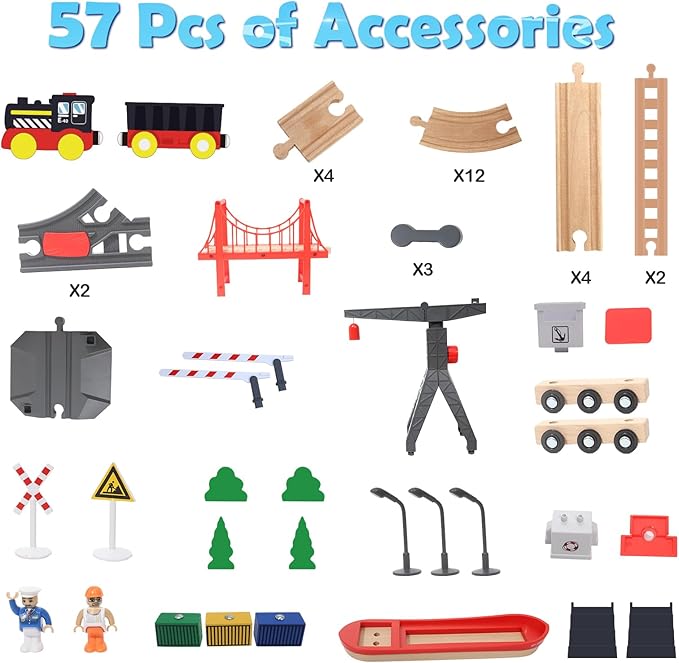 Wdmiya Wooden Train Set for Toddlers, 57 Pcs Wooden Train Track for Kids, Train Toy with Bridge and Tracks (Fits Thomas & Brio), Birthday Trains Gift for 2 3 4 5 6 7 8 Years Old (Harbor)
