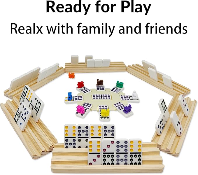 Double 9 Dominoes Set with 6 Wooden Trays/Racks, Double Nine Dominos Travel Set with 6 Domino Tiles Holders, 55 Tiles Dominoes Game Set with Portable Case for Families
