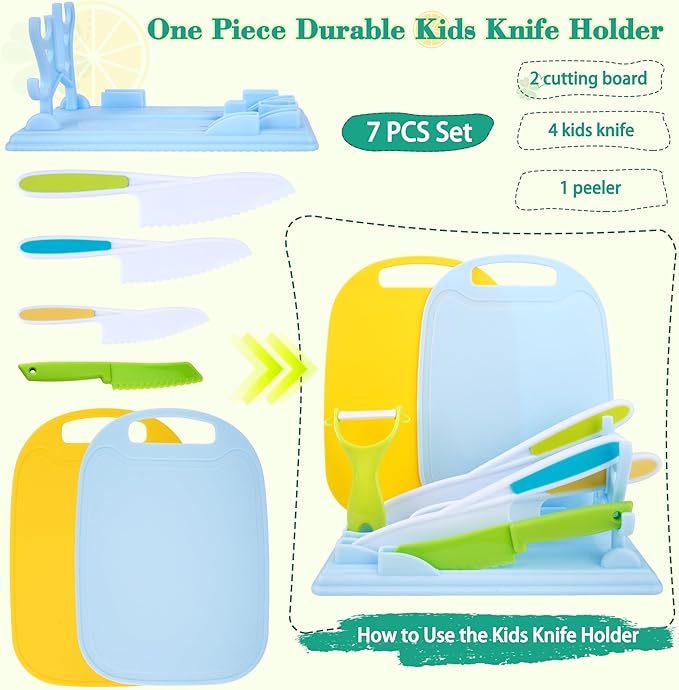 FCSONU 24 Pcs Montessori Kitchen Toys for Toddlers, Kids Kitchen Knife Set with Holder, Kids Cooking Sets Real with Knife Block & Plastic Kid Safe Knives Set & Cutting Board, Boy Girls Birthday Gifts