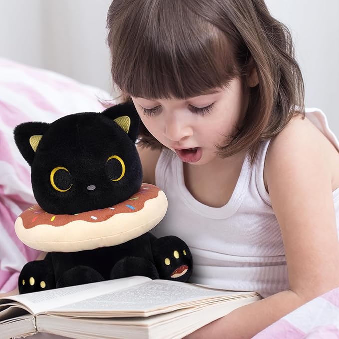 Black Cat Plush, 8inch Donut Black Cat Stuffed Animal Cute Plushies Toys for Girls Kids Boys, Kawaii Kitten Plushie for Kids Adult Birthday Gift