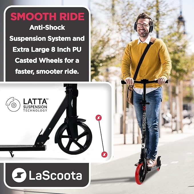 LaScoota Kick Scooter for Kids Ages 6+, Teens & Adults, Large 8" Sturdy Urethane Wheels. Adjustable Handlebar, Lightweight, Foldable, 220lbs Max Load