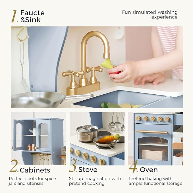 Tiny Land Wooden Play Kitchen Set - Toy Storage System, Plenty of Play Features, Ages 3+ (Blue)