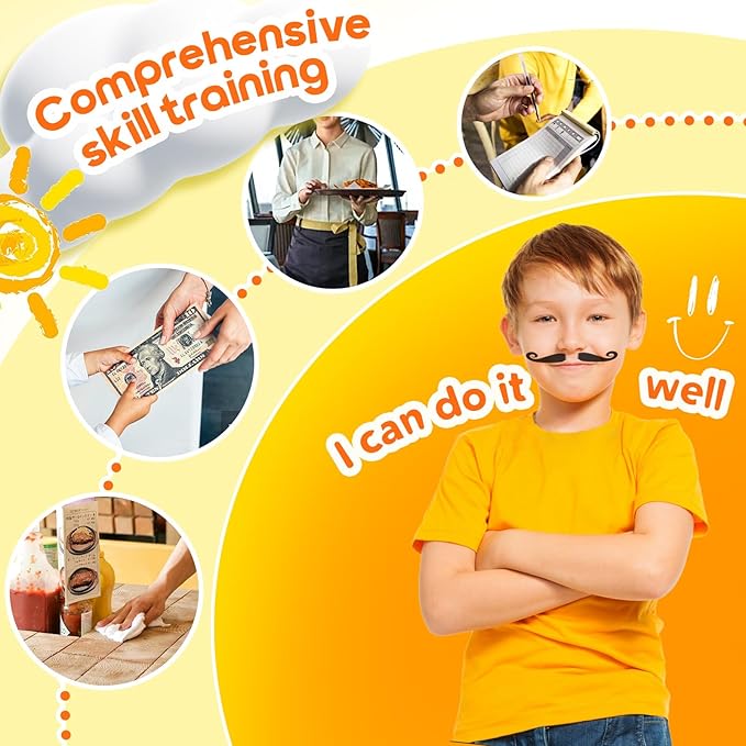 Restaurant Server Play Toys Set for Boys Girls Age 3-8, Role Play Set with Unisex Server Dress-Up Costume, Play Food, Play Money, Menu for Kids Play Kitchen, Restaurant,Xmas Stocking Stuffers for Kids