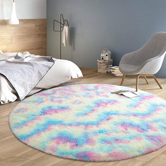 junovo Soft Round Rainbow Area Rugs for Girls Room, Fluffy Colorful Circle Rugs for Kids Bedroom, Cute Circular Rug Princess Castle Plush Shaggy Carpet for Kids Teen Baby Room Nursery Home Decor, 6ft