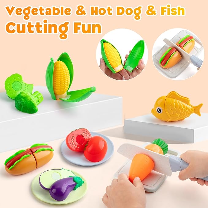 Kids Play Kitchen Accessories, 44PCS Toddler Pretend Play Cooking Playset with Cookware Pots, Pans, Cooking Utensils, Gas Stove with Sound & Light, Cuttable Toy Food Sets, Learning Gift for Girls Boys