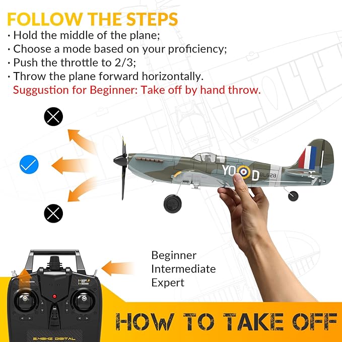 VOLANTEXRC RC Plane, 4 Channel Remote Control Airplane Fighter Spitfire RTF with Aileron, Gyro, Aerobatics & 3 Modes Easy to Fly, Hobby Radio Controlled Aircraft for Beginners, Kids & Adults (Blue)