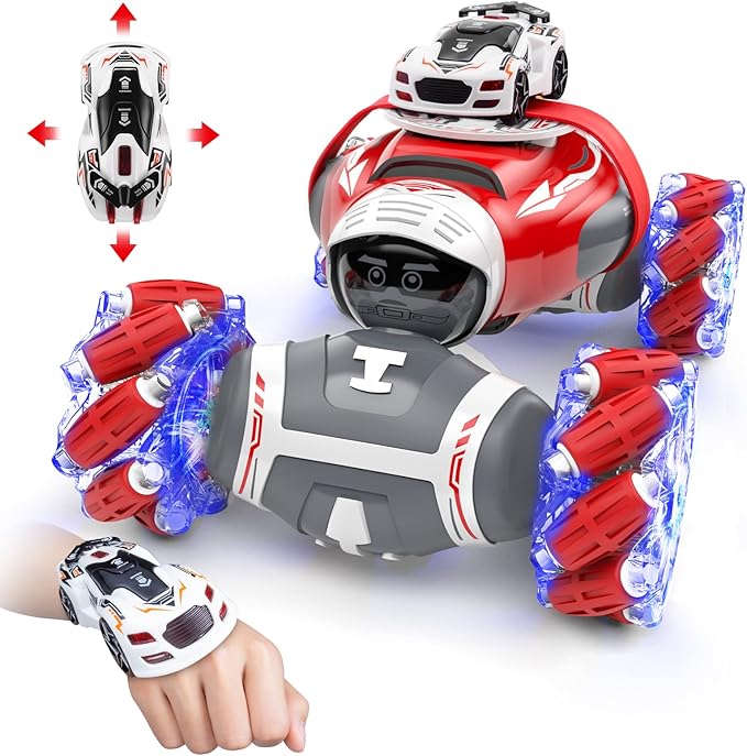 Powerextra 2024 New Remote Control Car, 1:12 Gesture Control Rc Stunt Car with Light & Music, 4WD Transform Off Road Double Side 360° Rotating Glove Racing Toy Car, 90+ Mins Play Car